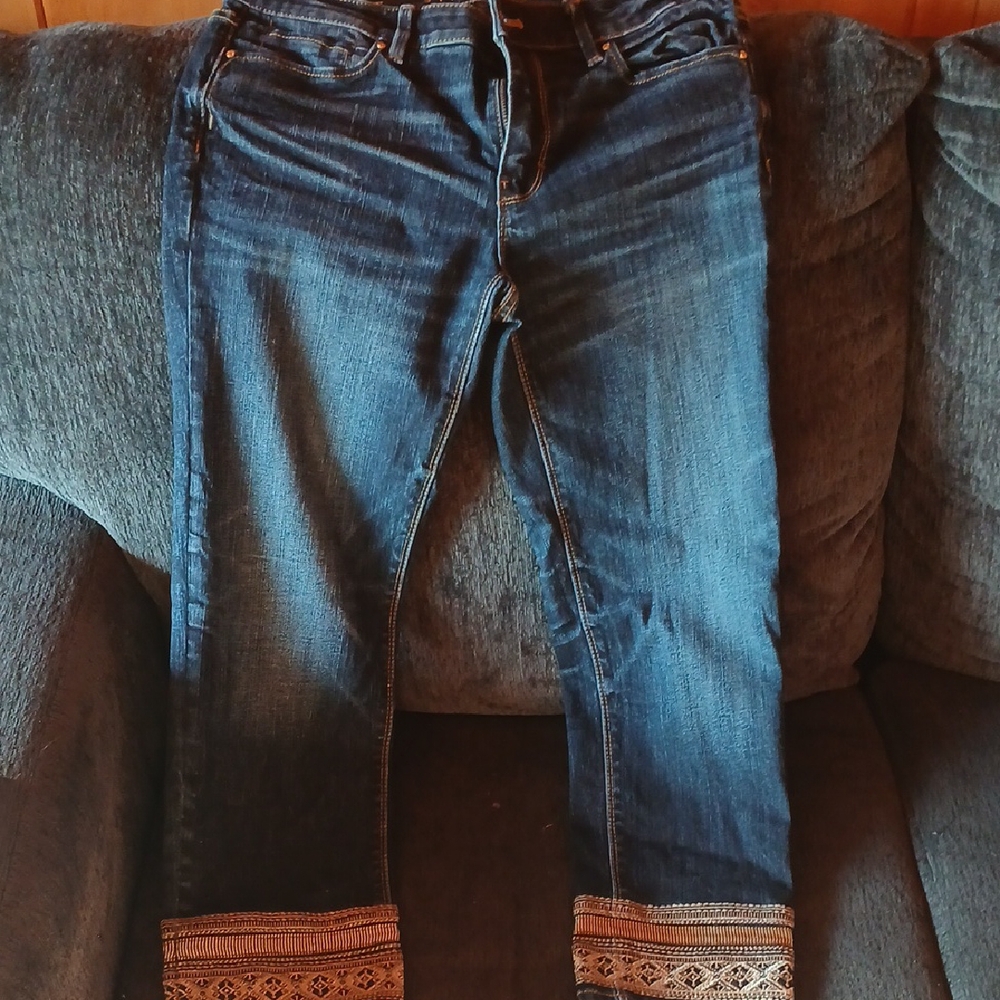 White House Black Market Dark Blue Cropped Jeans with Embroidered Hem